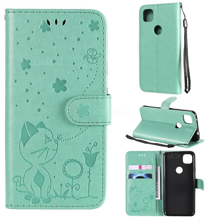 Embossing Bee and Cat Leather Wallet Case for Google Pixel 4a - Green