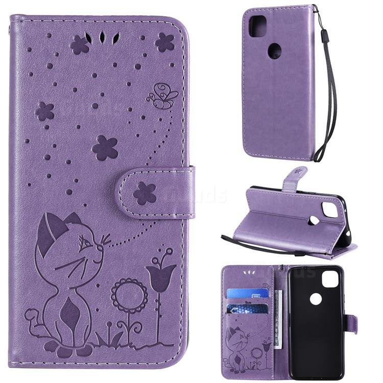 Embossing Bee and Cat Leather Wallet Case for Google Pixel 4a - Purple