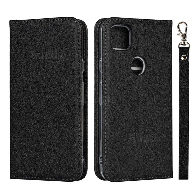 Ultra Slim Magnetic Automatic Suction Silk Lanyard Leather Flip Cover for Google Pixel 4a - Black