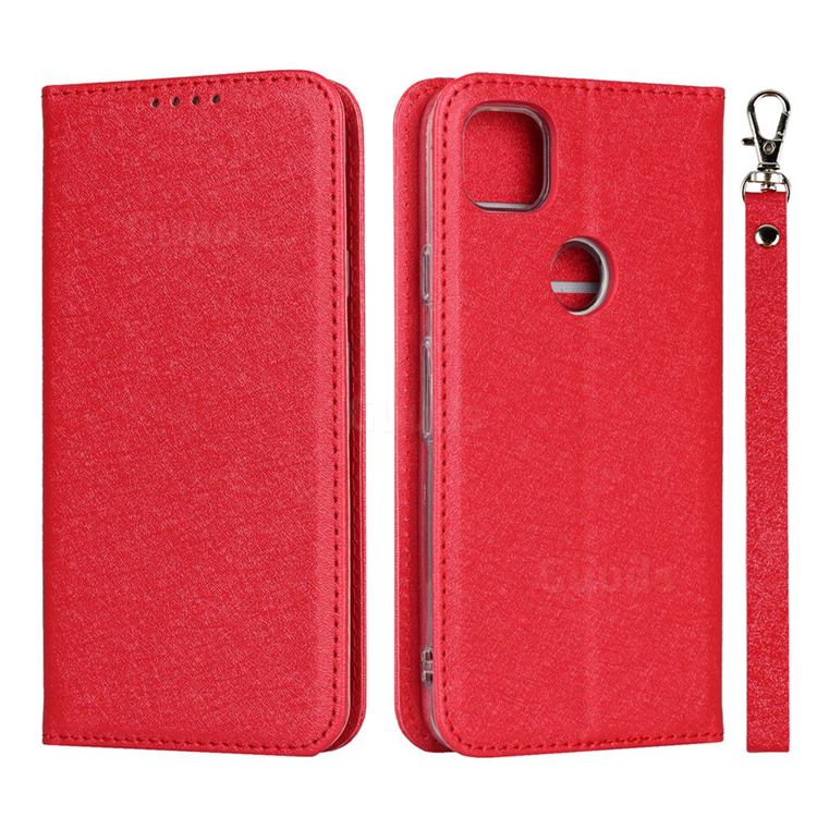 Ultra Slim Magnetic Automatic Suction Silk Lanyard Leather Flip Cover for Google Pixel 4a - Red