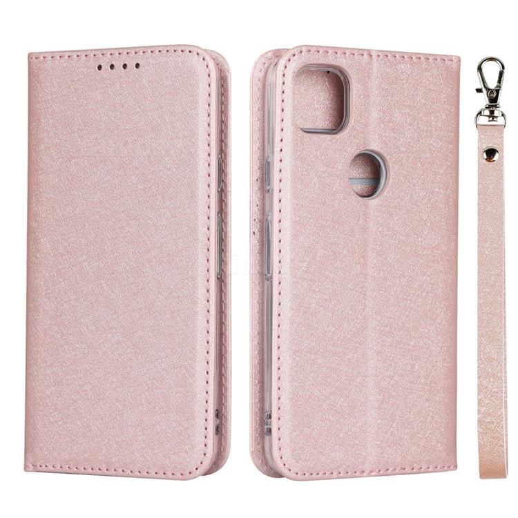 Ultra Slim Magnetic Automatic Suction Silk Lanyard Leather Flip Cover for Google Pixel 4a - Rose Gold