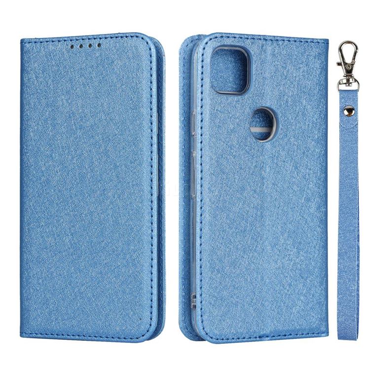 Ultra Slim Magnetic Automatic Suction Silk Lanyard Leather Flip Cover for Google Pixel 4a - Sky Blue