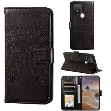 Intricate Embossing Rose Flower Butterfly Leather Wallet Case for Google Pixel 4a 5G - Black