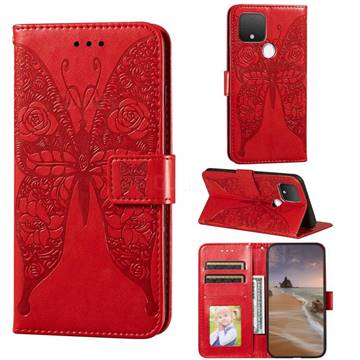 Intricate Embossing Rose Flower Butterfly Leather Wallet Case for Google Pixel 4a 5G - Red