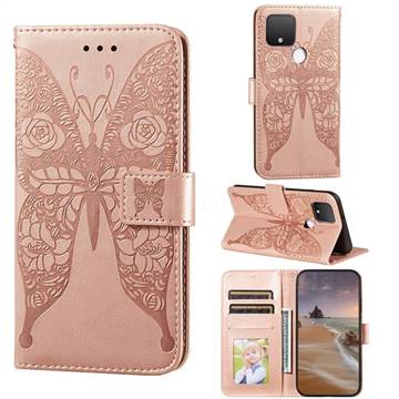 Intricate Embossing Rose Flower Butterfly Leather Wallet Case for Google Pixel 4a 5G - Rose Gold