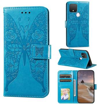 Intricate Embossing Rose Flower Butterfly Leather Wallet Case for Google Pixel 4a 5G - Blue