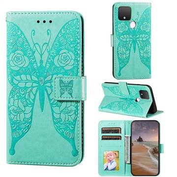 Intricate Embossing Rose Flower Butterfly Leather Wallet Case for Google Pixel 4a 5G - Green