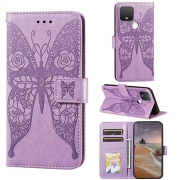 Intricate Embossing Rose Flower Butterfly Leather Wallet Case for Google Pixel 4a 5G - Purple