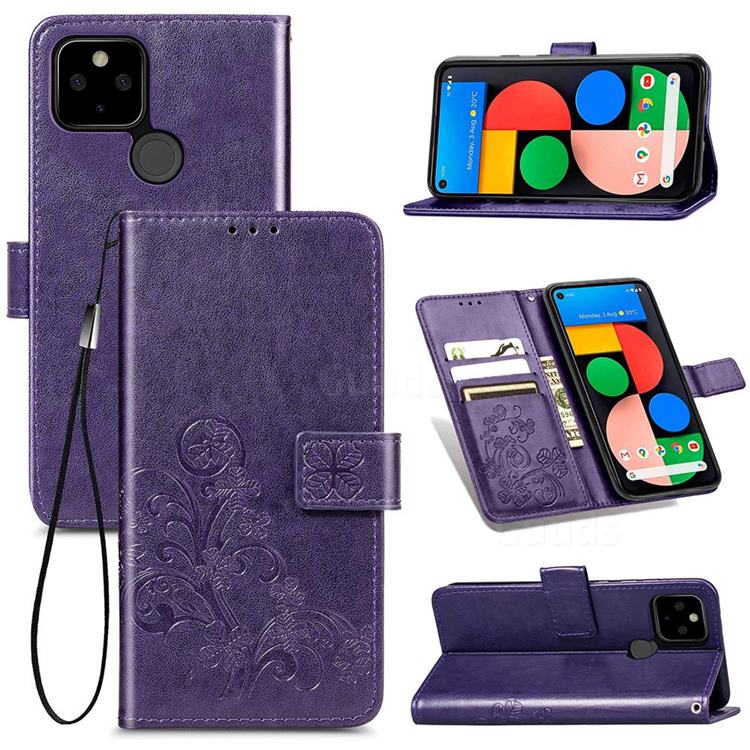 Embossing Imprint Four-Leaf Clover Leather Wallet Case for Google Pixel 4a 5G - Purple