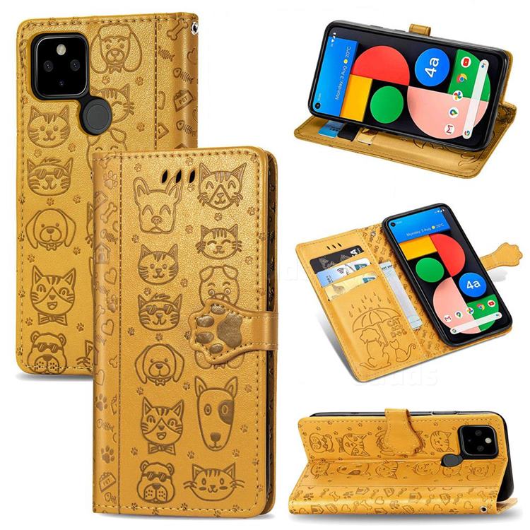 Embossing Dog Paw Kitten and Puppy Leather Wallet Case for Google Pixel 4a 5G - Yellow