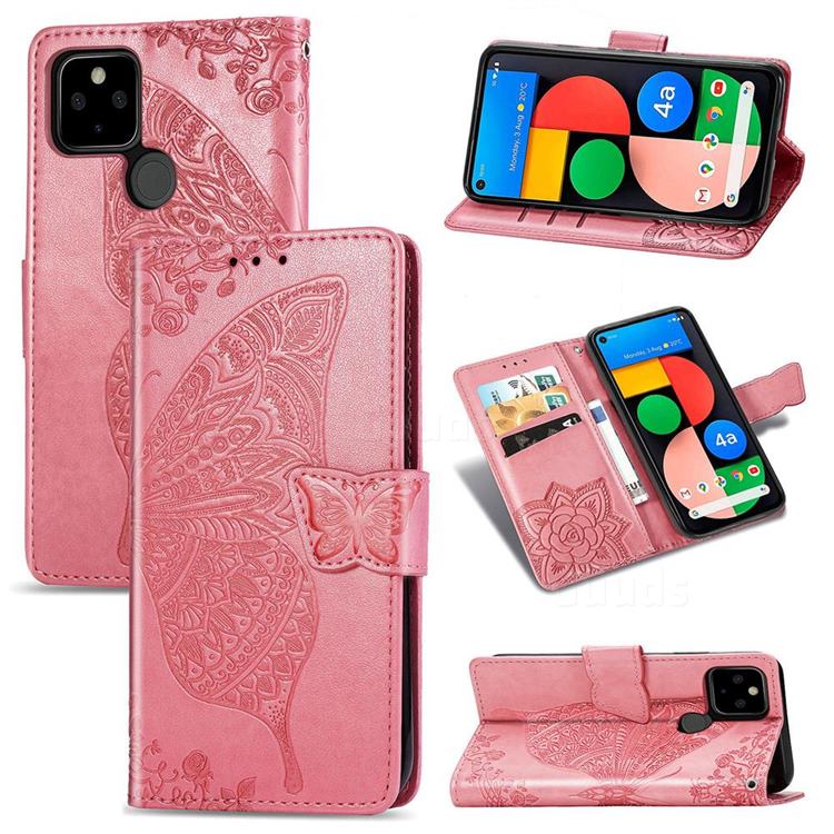 Embossing Mandala Flower Butterfly Leather Wallet Case for Google Pixel 4a 5G - Pink