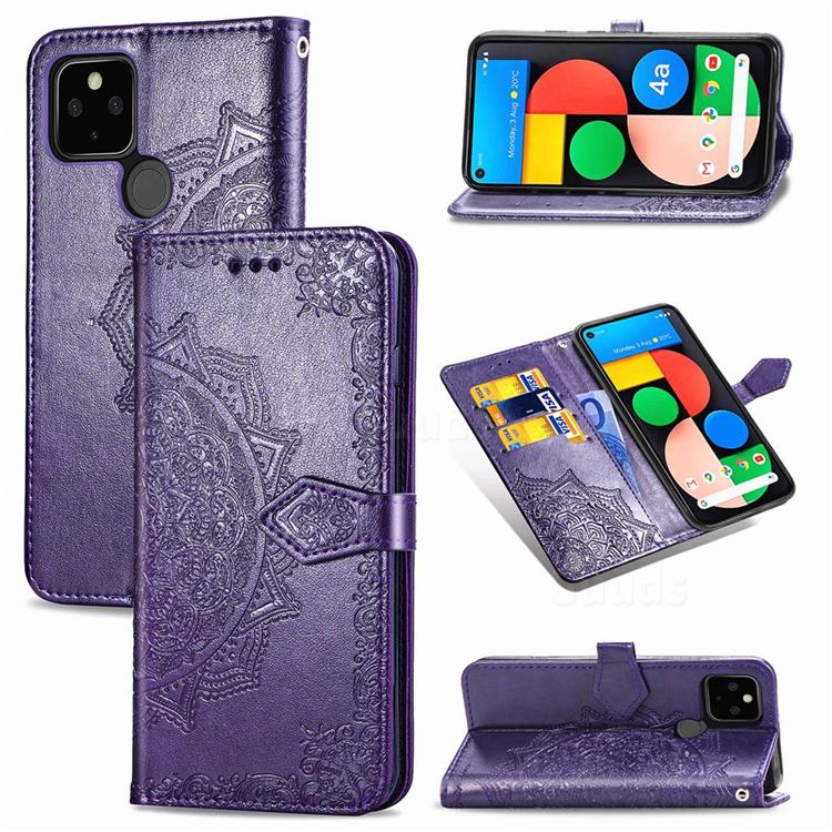 Embossing Imprint Mandala Flower Leather Wallet Case for Google Pixel 4a 5G - Purple