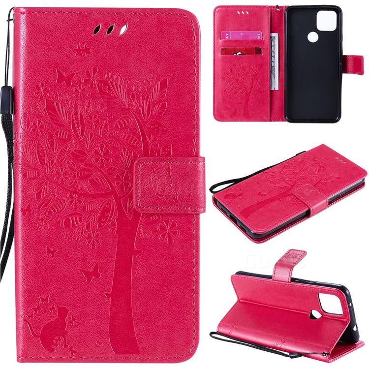 Embossing Butterfly Tree Leather Wallet Case for Google Pixel 4a 5G - Rose