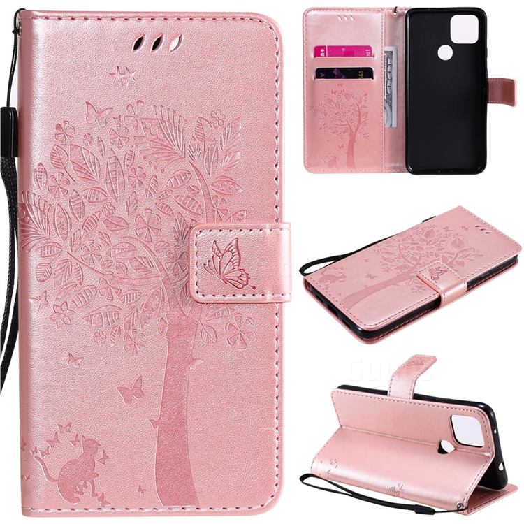 Embossing Butterfly Tree Leather Wallet Case for Google Pixel 4a 5G - Rose Pink
