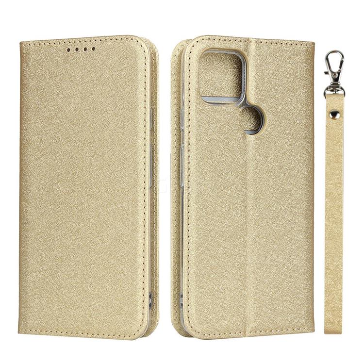 Ultra Slim Magnetic Automatic Suction Silk Lanyard Leather Flip Cover for Google Pixel 4a 5G - Golden