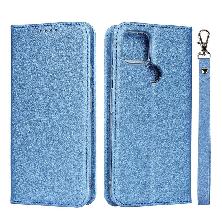 Ultra Slim Magnetic Automatic Suction Silk Lanyard Leather Flip Cover for Google Pixel 4a 5G - Sky Blue