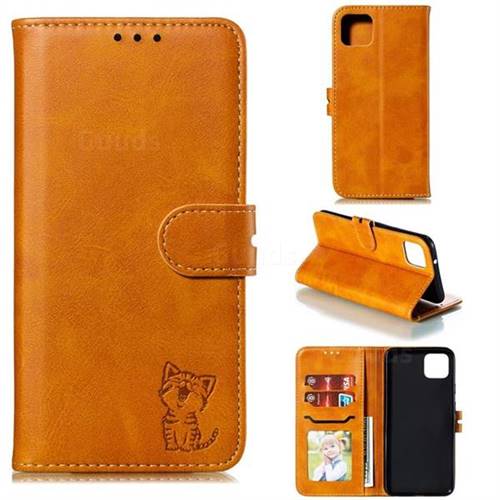 Embossing Happy Cat Leather Wallet Case for Google Pixel 4 XL - Yellow