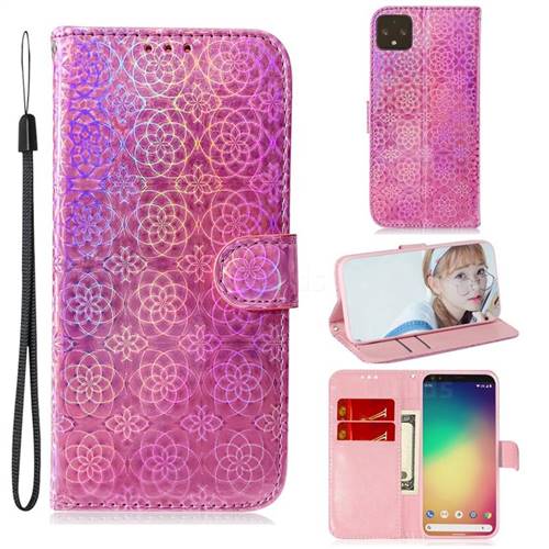 Laser Circle Shining Leather Wallet Phone Case for Google Pixel 4 XL - Pink