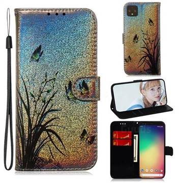 Butterfly Orchid Laser Shining Leather Wallet Phone Case for Google Pixel 4 XL