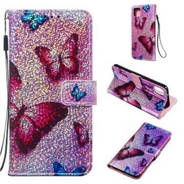 Blue Butterfly Sequins Painted Leather Wallet Case for Google Pixel 4 XL