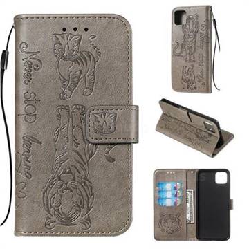 Embossing Tiger and Cat Leather Wallet Case for Google Pixel 4 XL - Gray