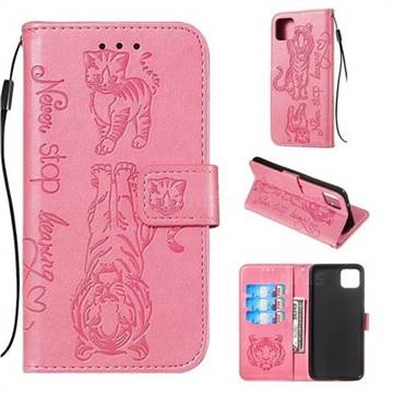Embossing Tiger and Cat Leather Wallet Case for Google Pixel 4 XL - Pink