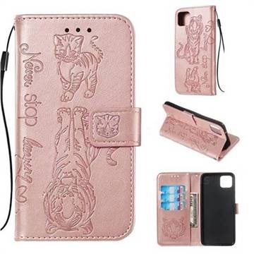 Embossing Tiger and Cat Leather Wallet Case for Google Pixel 4 XL - Rose Gold