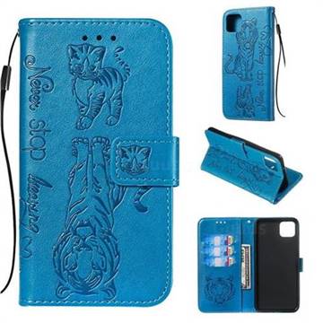 Embossing Tiger and Cat Leather Wallet Case for Google Pixel 4 XL - Blue