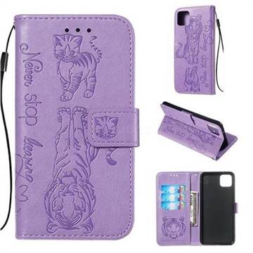 Embossing Tiger and Cat Leather Wallet Case for Google Pixel 4 XL - Lavender