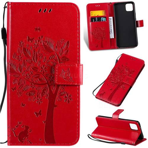 Embossing Butterfly Tree Leather Wallet Case for Google Pixel 4 XL - Red