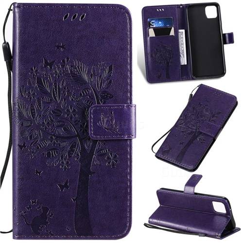 Embossing Butterfly Tree Leather Wallet Case for Google Pixel 4 XL - Purple