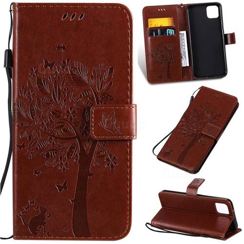 Embossing Butterfly Tree Leather Wallet Case for Google Pixel 4 XL - Coffee