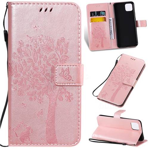 Embossing Butterfly Tree Leather Wallet Case for Google Pixel 4 XL - Rose Pink
