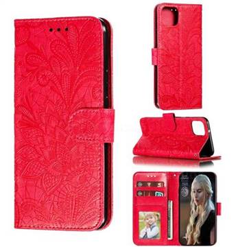 Intricate Embossing Lace Jasmine Flower Leather Wallet Case for Google Pixel 4 XL - Red