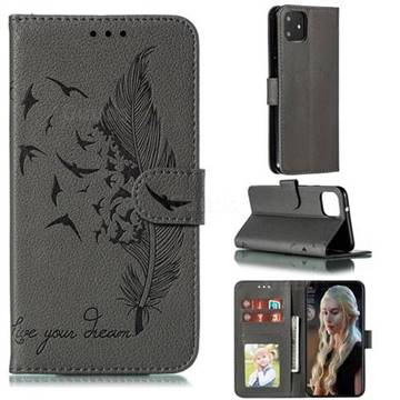Intricate Embossing Lychee Feather Bird Leather Wallet Case for Google Pixel 4 XL - Gray