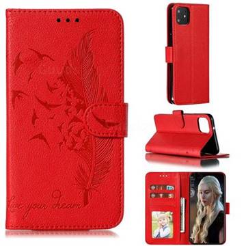 Intricate Embossing Lychee Feather Bird Leather Wallet Case for Google Pixel 4 XL - Red