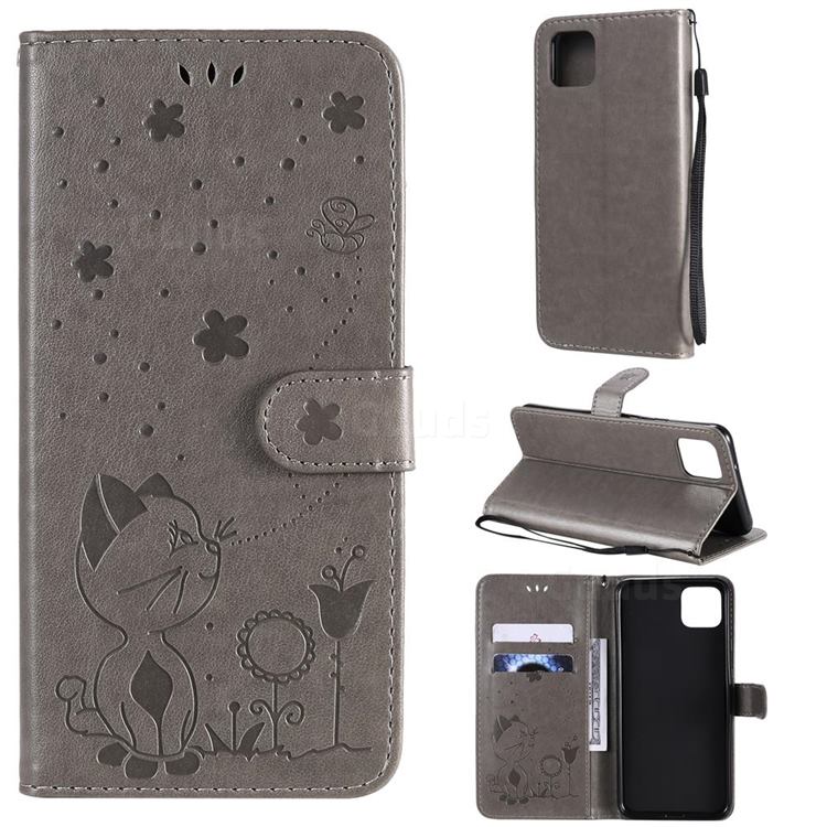 Embossing Bee and Cat Leather Wallet Case for Google Pixel 4 XL - Gray