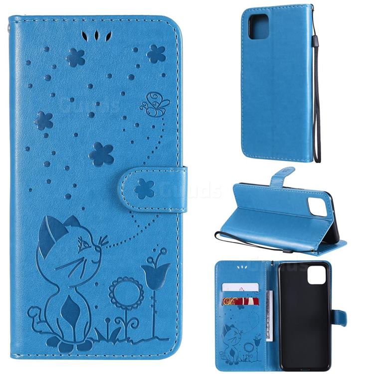 Embossing Bee and Cat Leather Wallet Case for Google Pixel 4 XL - Blue
