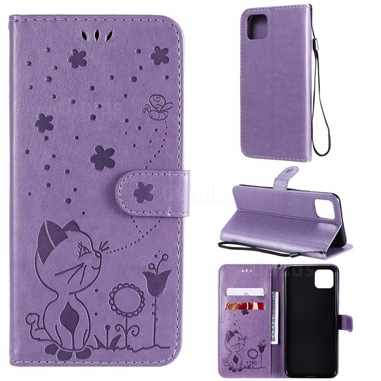 Embossing Bee and Cat Leather Wallet Case for Google Pixel 4 XL - Purple
