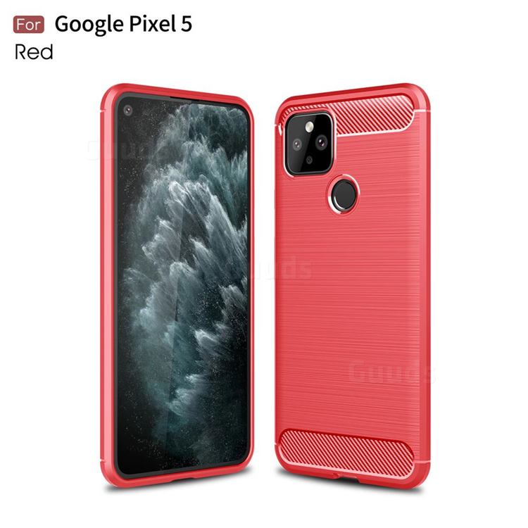Luxury Carbon Fiber Brushed Wire Drawing Silicone TPU Back Cover for Google Pixel 5 - Red