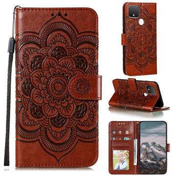 Intricate Embossing Datura Solar Leather Wallet Case for Google Pixel 5 - Brown