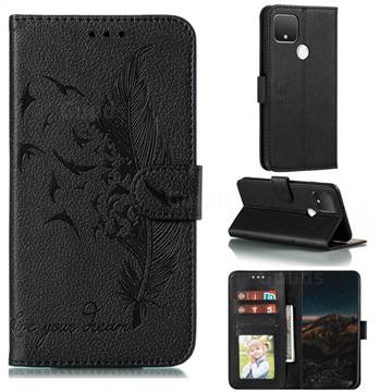 Intricate Embossing Lychee Feather Bird Leather Wallet Case for Google Pixel 5 - Black