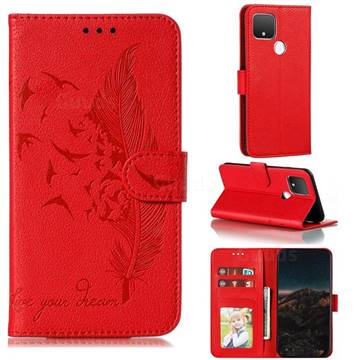 Intricate Embossing Lychee Feather Bird Leather Wallet Case for Google Pixel 5 - Red