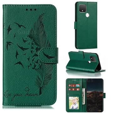 Intricate Embossing Lychee Feather Bird Leather Wallet Case for Google Pixel 5 - Green