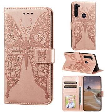 Intricate Embossing Rose Flower Butterfly Leather Wallet Case for Google Pixel 5 - Rose Gold