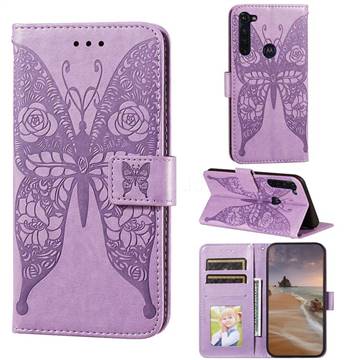Intricate Embossing Rose Flower Butterfly Leather Wallet Case for Google Pixel 5 - Purple