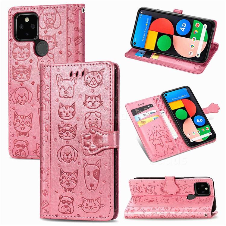 Embossing Dog Paw Kitten and Puppy Leather Wallet Case for Google Pixel 5 - Pink