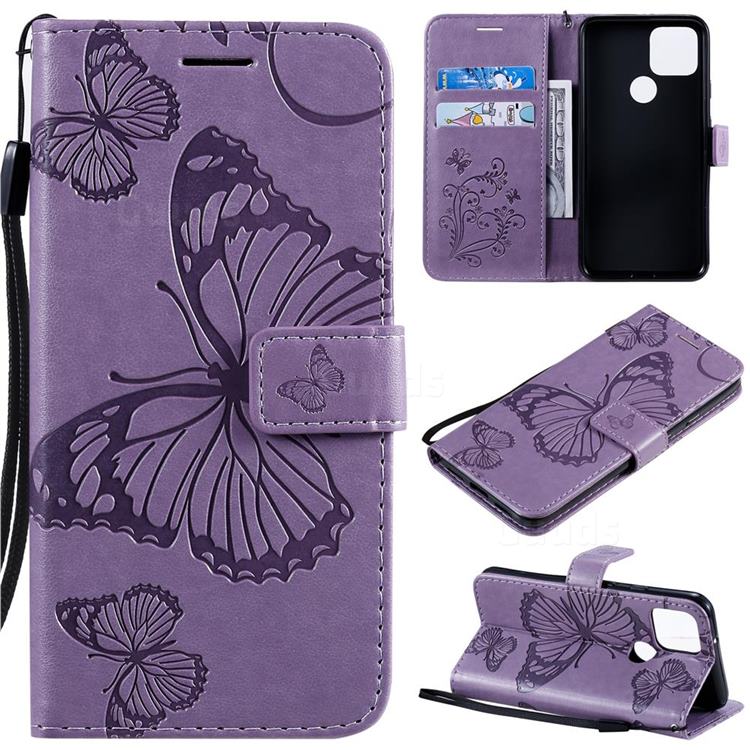 Embossing 3D Butterfly Leather Wallet Case for Google Pixel 5 - Purple