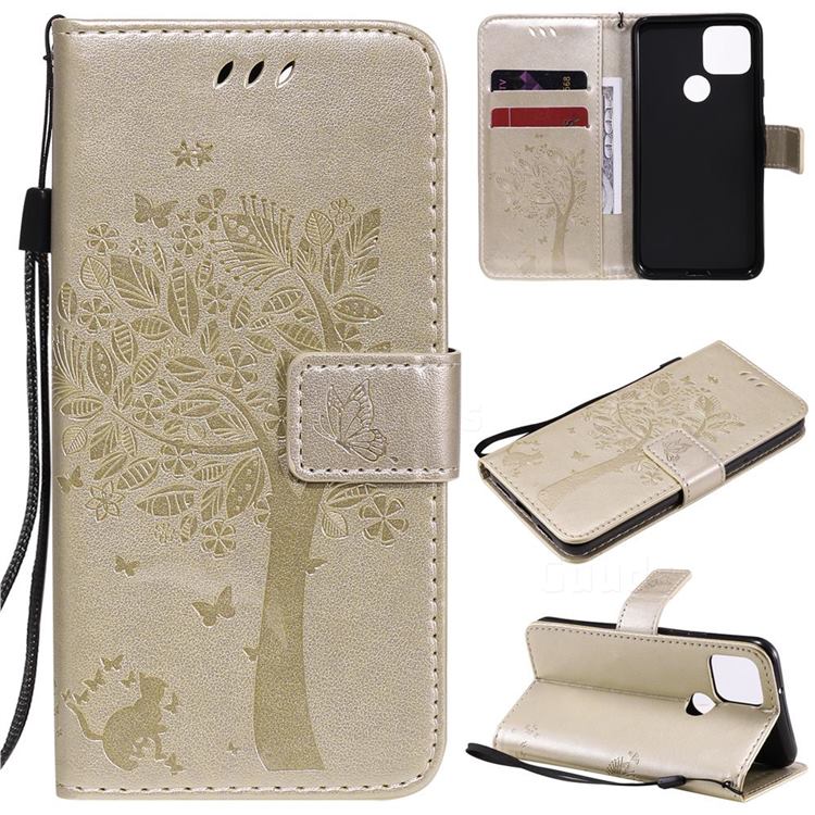 Embossing Butterfly Tree Leather Wallet Case for Google Pixel 5 - Champagne