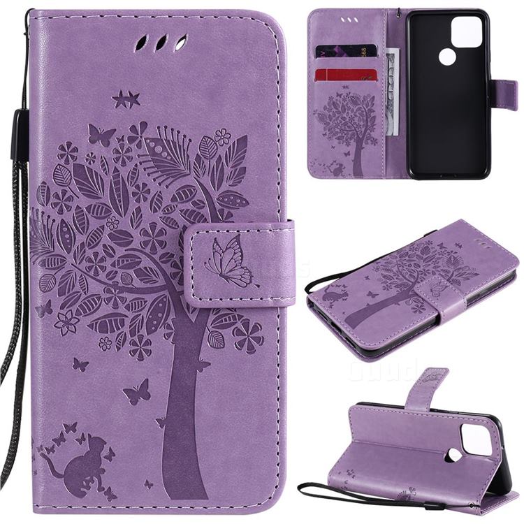 Embossing Butterfly Tree Leather Wallet Case for Google Pixel 5 - Violet